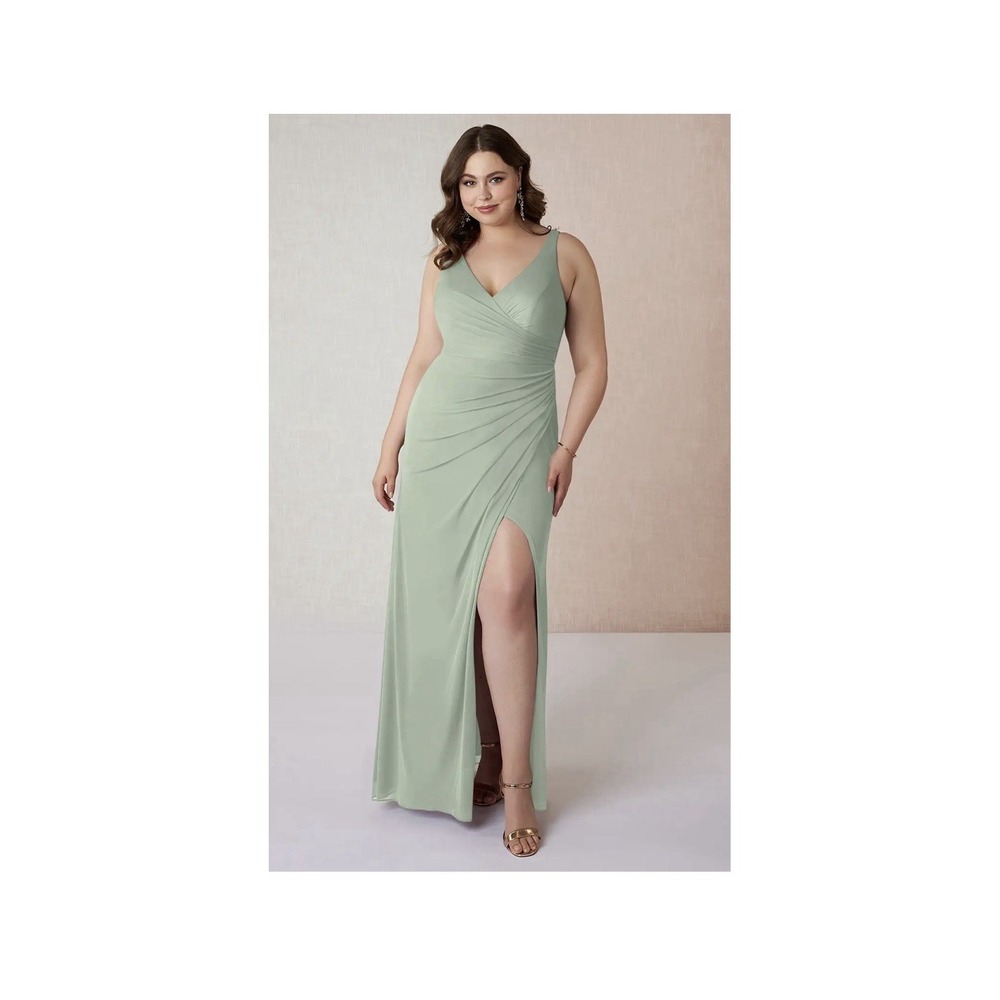 Azazie Leandra V-neck Ruched Slit Mesh Dress Gown Dusty Sage A16 Bridesmaid Prom